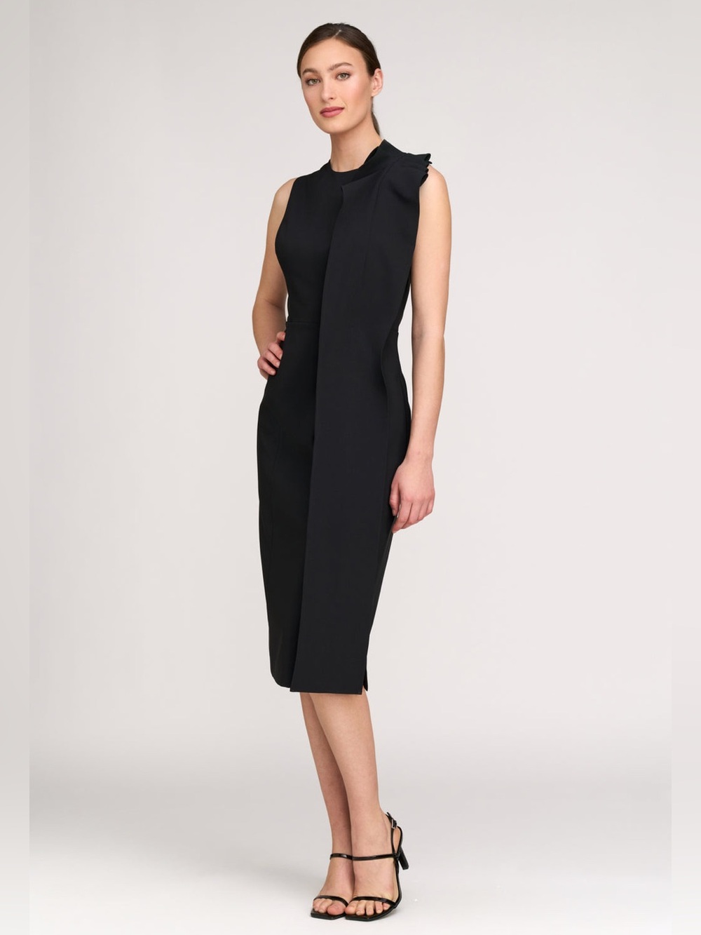 Kay Unger Naomi Cocktail Black Sleeveless Midi Sheath Dress Ruffle Drape Size 8